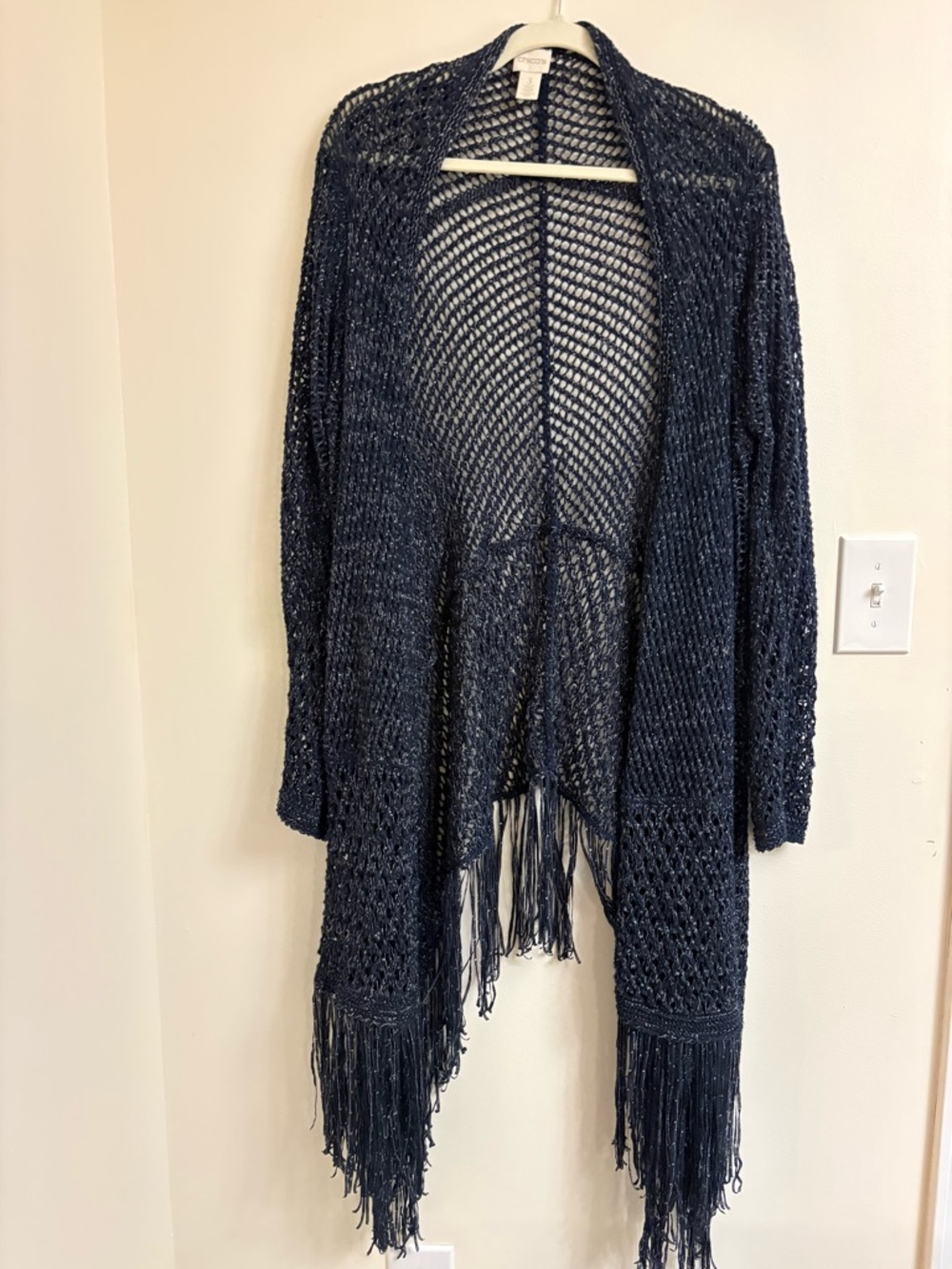 Chico’s Artisan Knit Sloane Cardigan Navy Metallic Crochet Fringe Duster Size 3